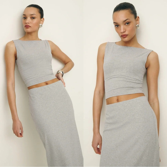 Reformation Elowen Knit Jersey Midi Skirt Pull On Organic Cotton Heather Grey XS - Picture 3 of 14